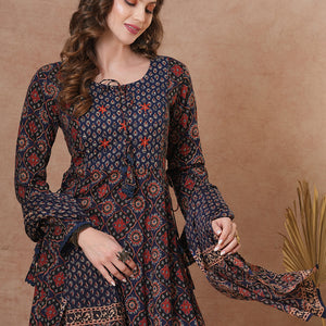 Ethnic Floral Printed & Embroidered Anarkali Kurta with Pant & Dupatta - Blue