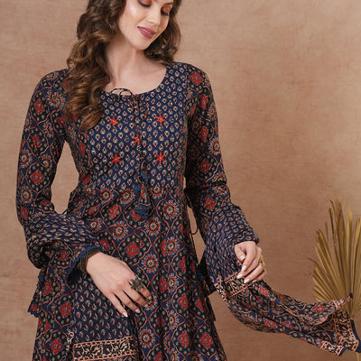 Ethnic Floral Printed & Embroidered Anarkali Kurta with Pant & Dupatta - Blue