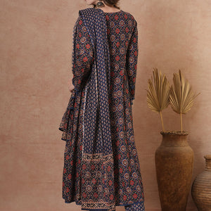 Ethnic Floral Printed & Embroidered Anarkali Kurta with Pant & Dupatta - Blue