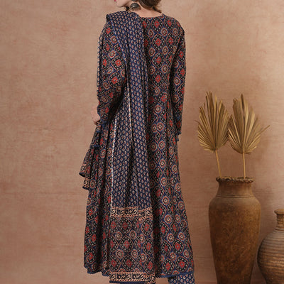 Ethnic Floral Printed & Embroidered Anarkali Kurta with Pant & Dupatta - Blue