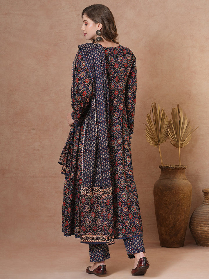 Ethnic Floral Printed & Embroidered Anarkali Kurta with Pant & Dupatta - Blue