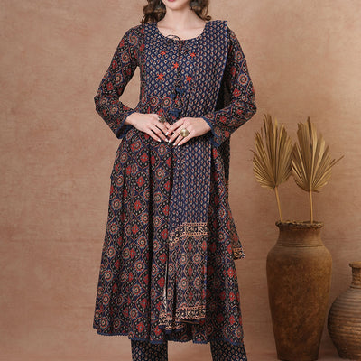 Ethnic Floral Printed & Embroidered Anarkali Kurta with Pant & Dupatta - Blue