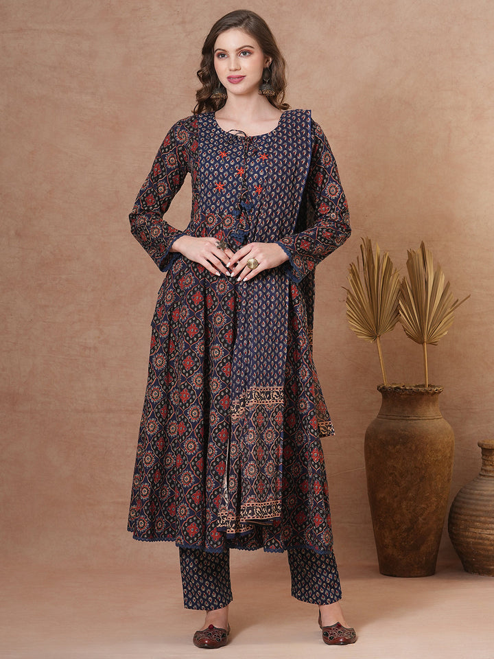 Ethnic Floral Printed & Embroidered Anarkali Kurta with Pant & Dupatta - Blue