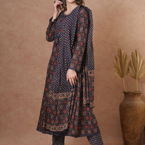 Ethnic Floral Printed & Embroidered Anarkali Kurta with Pant & Dupatta - Blue