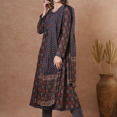 Ethnic Floral Printed & Embroidered Anarkali Kurta with Pant & Dupatta - Blue