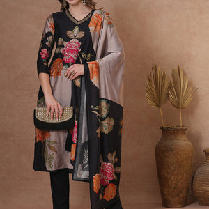 Floral Printed & Embroidered Straight Fit Kurta with Pant and Dupatta - Black