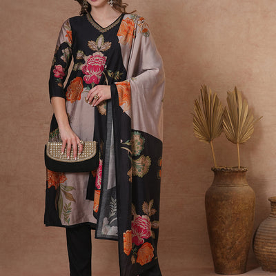 Floral Printed & Embroidered Straight Fit Kurta with Pant and Dupatta - Black