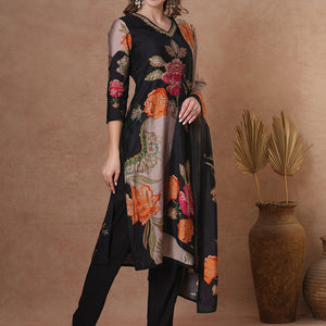 Floral Printed & Embroidered Straight Fit Kurta with Pant and Dupatta - Black