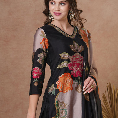 Floral Printed & Embroidered Straight Fit Kurta with Pant and Dupatta - Black