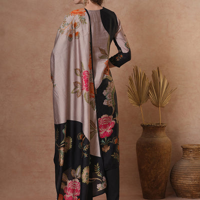 Floral Printed & Embroidered Straight Fit Kurta with Pant and Dupatta - Black
