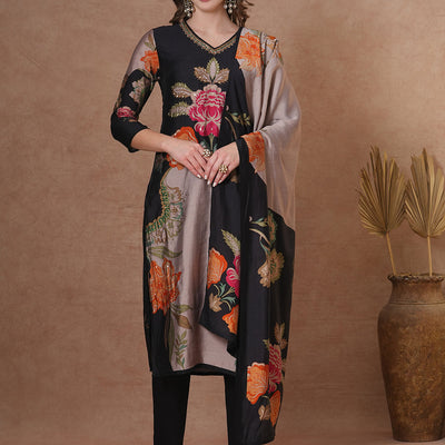 Floral Printed & Embroidered Straight Fit Kurta with Pant and Dupatta - Black
