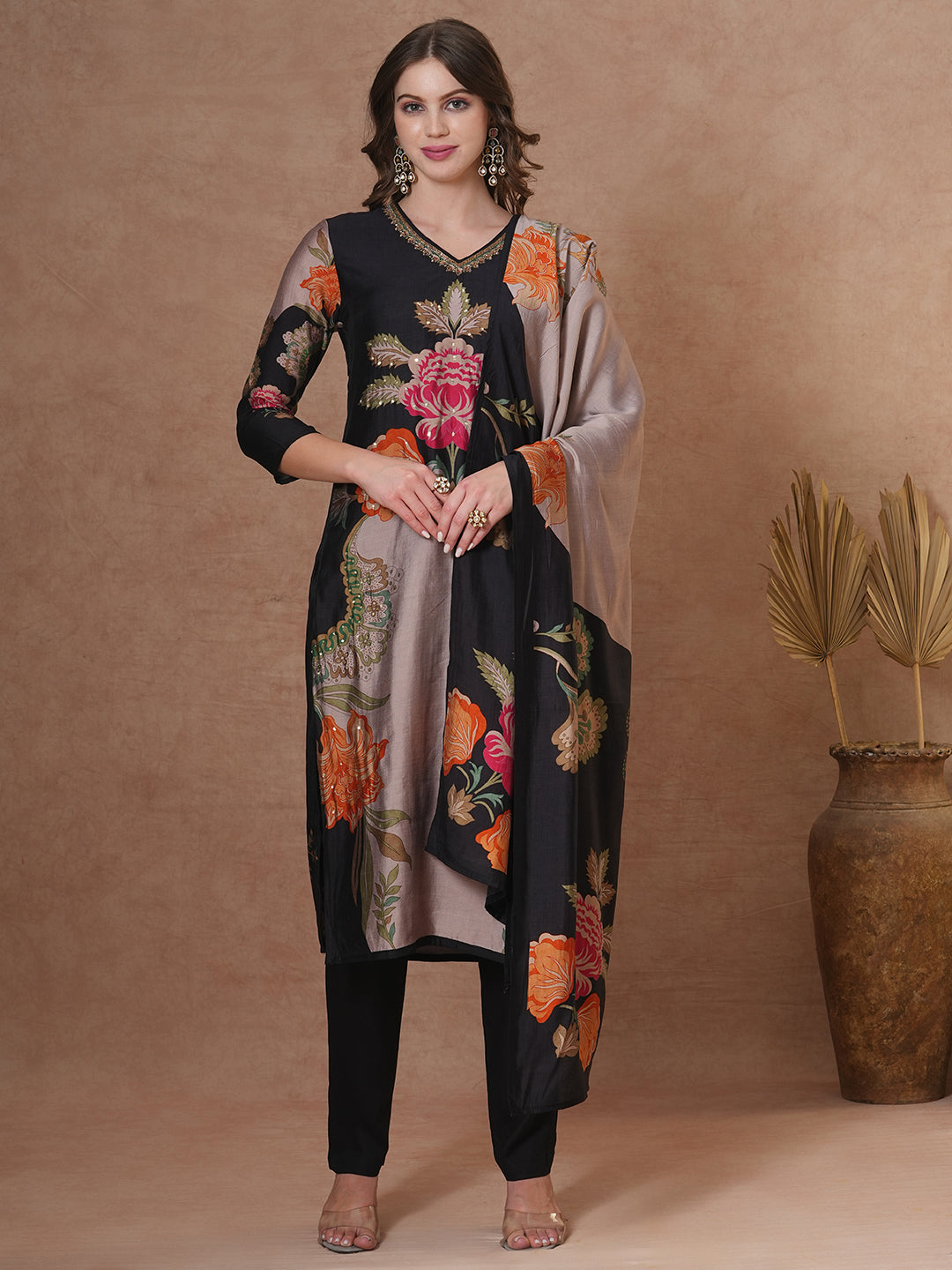 Floral Printed & Embroidered Straight Fit Kurta with Pant and Dupatta - Black