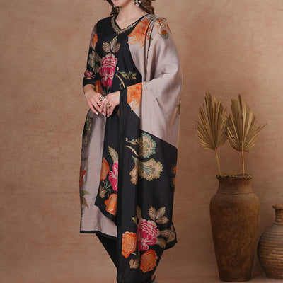 Floral Printed & Embroidered Straight Fit Kurta with Pant and Dupatta - Black