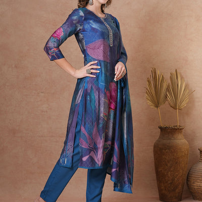 Abstract Floral Printed Straight Fit Kurta with Pant and Dupatta - Blue