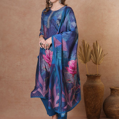 Abstract Floral Printed Straight Fit Kurta with Pant and Dupatta - Blue
