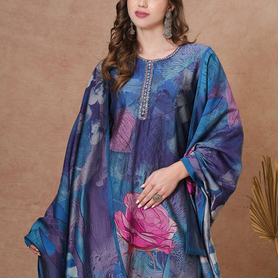 Abstract Floral Printed Straight Fit Kurta with Pant and Dupatta - Blue