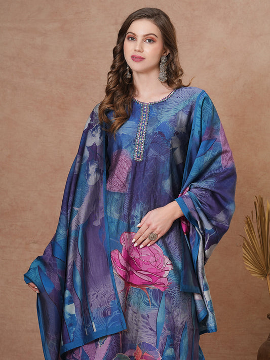 Abstract Floral Printed Straight Fit Kurta with Pant and Dupatta - Blue