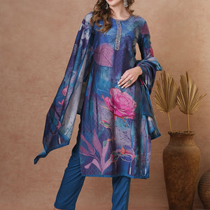 Abstract Floral Printed Straight Fit Kurta with Pant and Dupatta - Blue