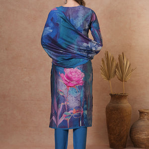 Abstract Floral Printed Straight Fit Kurta with Pant and Dupatta - Blue