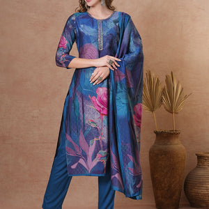 Abstract Floral Printed Straight Fit Kurta with Pant and Dupatta - Blue