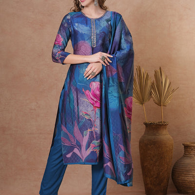Abstract Floral Printed Straight Fit Kurta with Pant and Dupatta - Blue