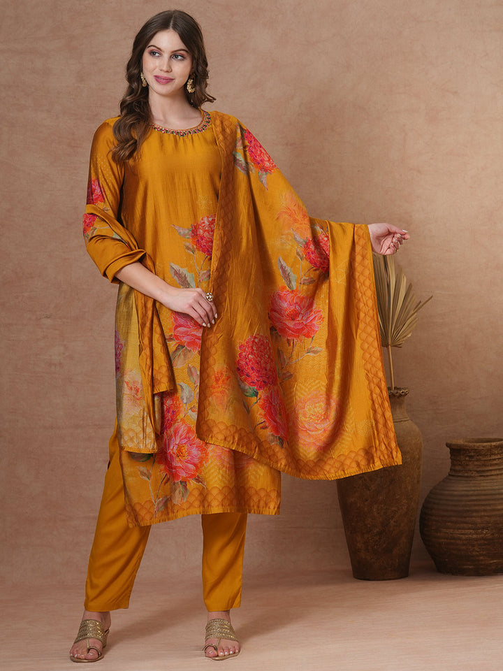 Abstract Floral Printed & Embroidered Straight Kurta with Pant and Dupatta - Mustard