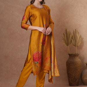 Abstract Floral Printed & Embroidered Straight Kurta with Pant and Dupatta - Mustard