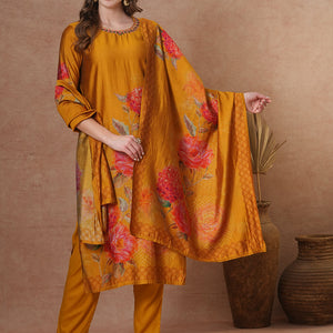 Abstract Floral Printed & Embroidered Straight Kurta with Pant and Dupatta - Mustard