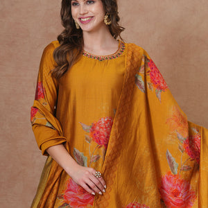Abstract Floral Printed & Embroidered Straight Kurta with Pant and Dupatta - Mustard