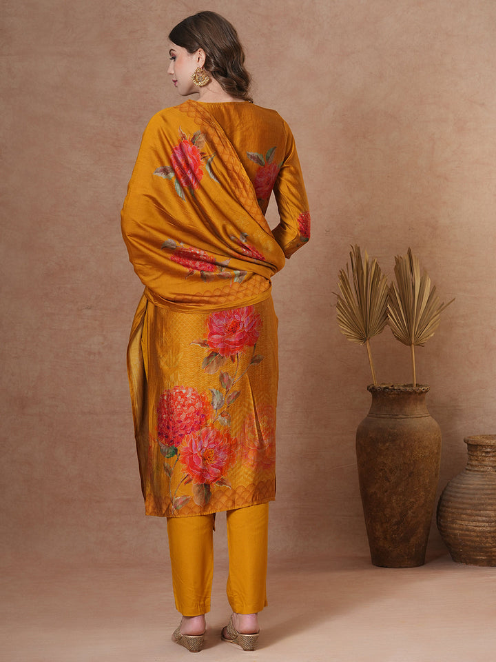 Abstract Floral Printed & Embroidered Straight Kurta with Pant and Dupatta - Mustard