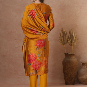 Abstract Floral Printed & Embroidered Straight Kurta with Pant and Dupatta - Mustard
