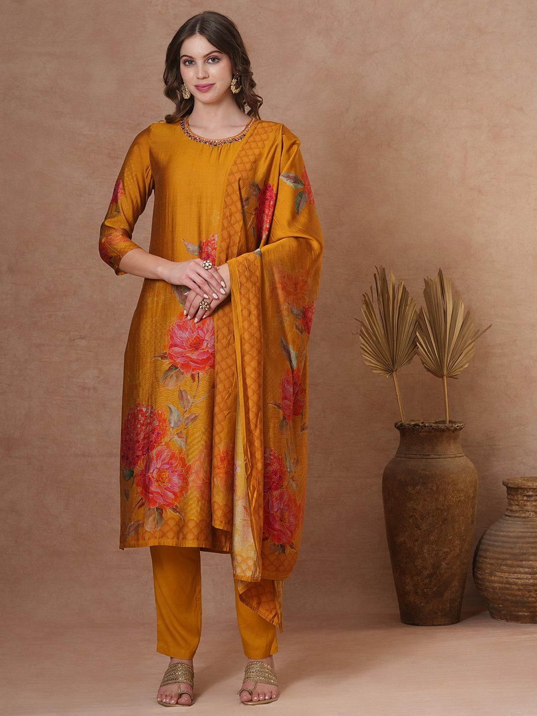 Abstract Floral Printed & Embroidered Straight Kurta with Pant and Dupatta - Mustard