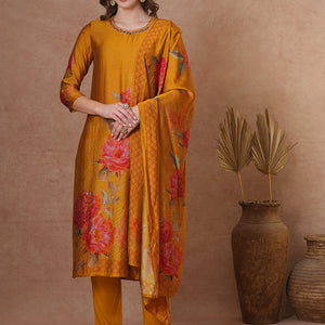 Abstract Floral Printed & Embroidered Straight Kurta with Pant and Dupatta - Mustard
