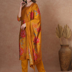 Abstract Floral Printed & Embroidered Straight Kurta with Pant and Dupatta - Mustard