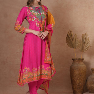 Ethnic Floral & Printed & Hand Embroidered A-Line Kurta with Pant & Dupatta - Pink