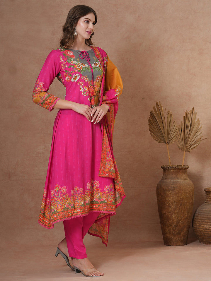 Ethnic Floral & Printed & Hand Embroidered A-Line Kurta with Pant & Dupatta - Pink