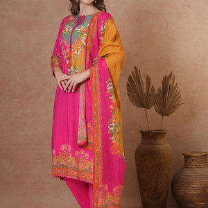 Ethnic Floral & Printed & Hand Embroidered A-Line Kurta with Pant & Dupatta - Pink