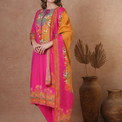 Ethnic Floral & Printed & Hand Embroidered A-Line Kurta with Pant & Dupatta - Pink