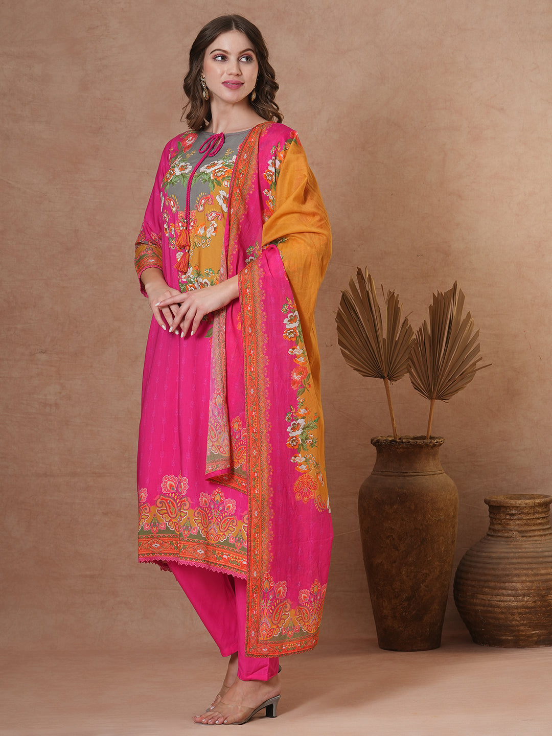 Ethnic Floral & Printed & Hand Embroidered A-Line Kurta with Pant & Dupatta - Pink