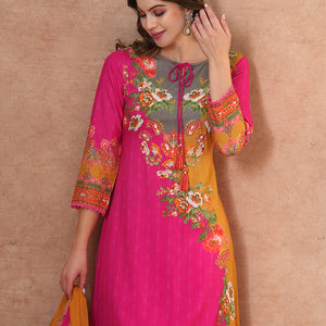 Ethnic Floral & Printed & Hand Embroidered A-Line Kurta with Pant & Dupatta - Pink