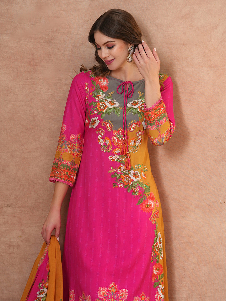 Ethnic Floral & Printed & Hand Embroidered A-Line Kurta with Pant & Dupatta - Pink