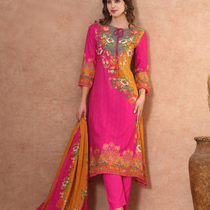 Ethnic Floral & Printed & Hand Embroidered A-Line Kurta with Pant & Dupatta - Pink