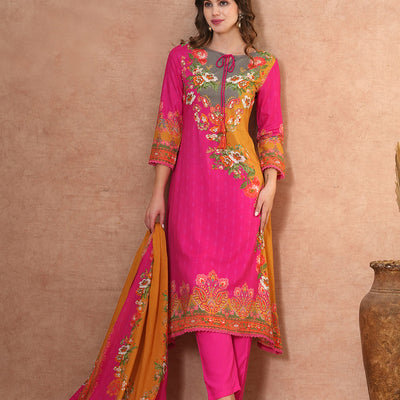Ethnic Floral & Printed & Hand Embroidered A-Line Kurta with Pant & Dupatta - Pink