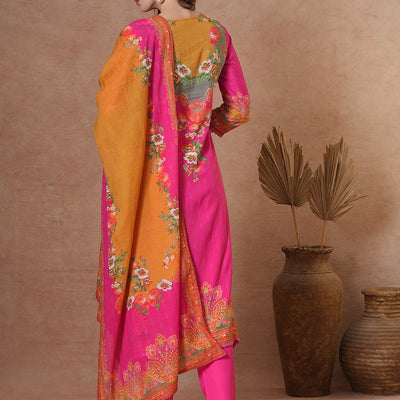 Ethnic Floral & Printed & Hand Embroidered A-Line Kurta with Pant & Dupatta - Pink
