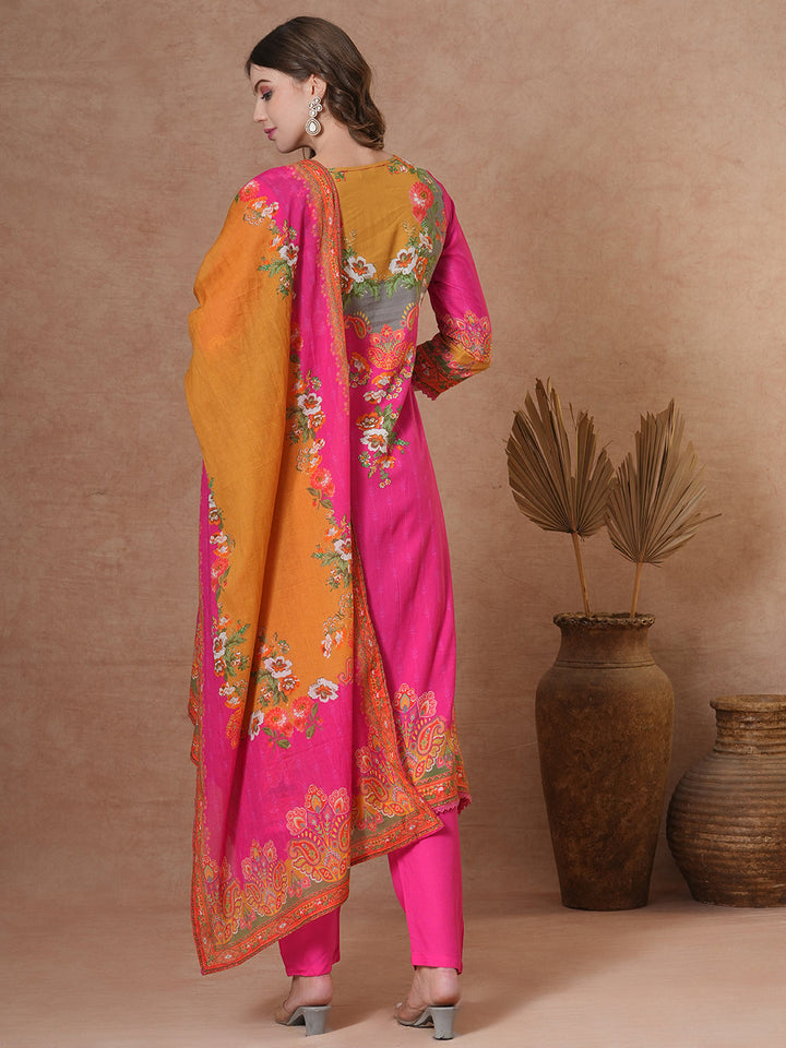 Ethnic Floral & Printed & Hand Embroidered A-Line Kurta with Pant & Dupatta - Pink