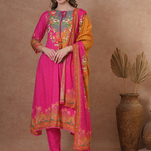 Ethnic Floral & Printed & Hand Embroidered A-Line Kurta with Pant & Dupatta - Pink