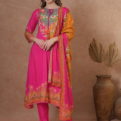 Ethnic Floral & Printed & Hand Embroidered A-Line Kurta with Pant & Dupatta - Pink