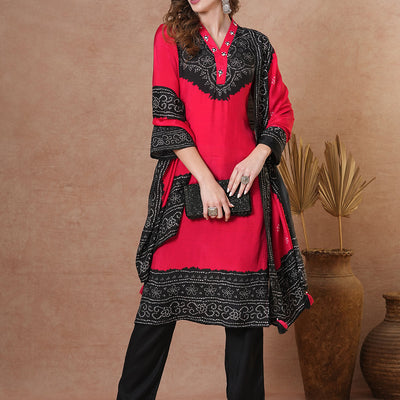 Solid Bandhani Printed Embroidered Straight Fit Kurta with Pant & Dupatta - Red