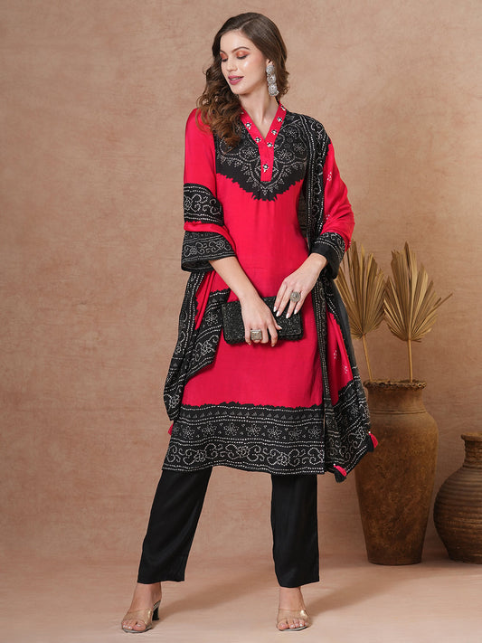 Solid Bandhani Printed Embroidered Straight Fit Kurta with Pant & Dupatta - Red