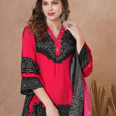 Solid Bandhani Printed Embroidered Straight Fit Kurta with Pant & Dupatta - Red